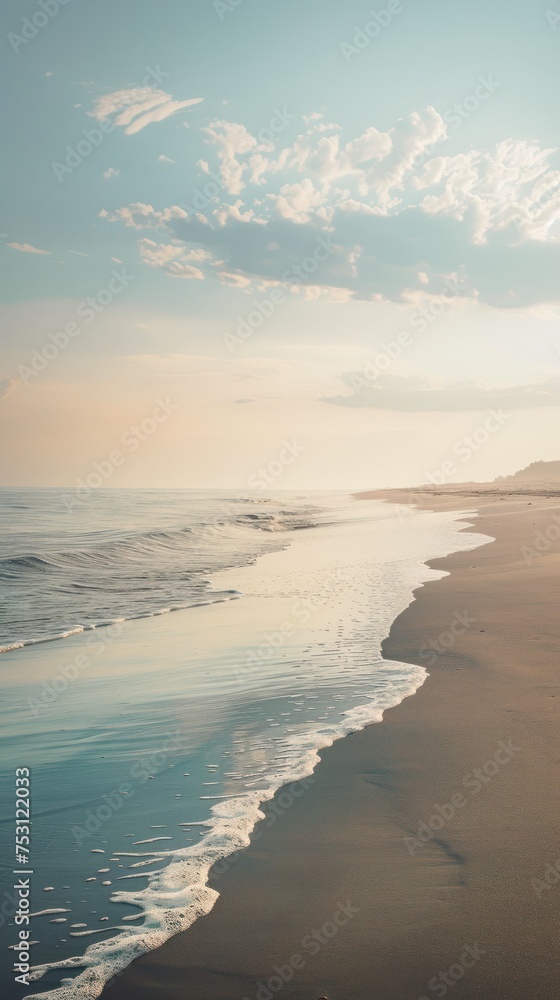 A panoramic view of a sandy beach at sunrise with a soft, pastel sky, perfect for relaxation-themed content or travel marketing.