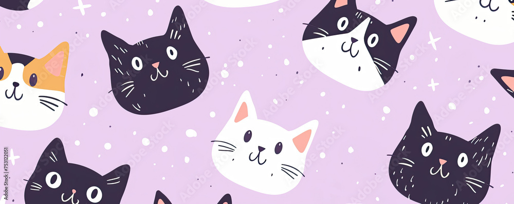 A pattern of cartoon cat faces with different expressions on a purple background, suitable for children's clothing prints or a pet store decoration.