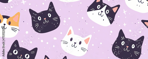 A pattern of cartoon cat faces with different expressions on a purple background, suitable for children's clothing prints or a pet store decoration.