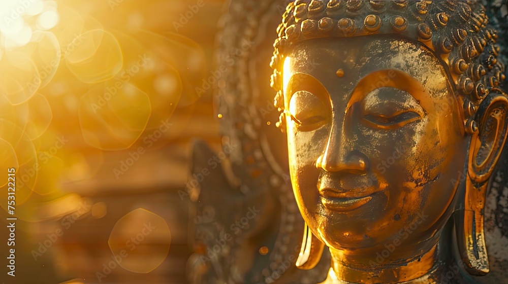 On a sunny day, the sun shines on the golden Buddha statue, backlight, mona lisa style, UHD, hyper quality, copy space - generative ai On a sunny day, the sun shines on the golden Buddha statue, backlight, mona lisa style, UHD, hyper quality, copy space - generative ai