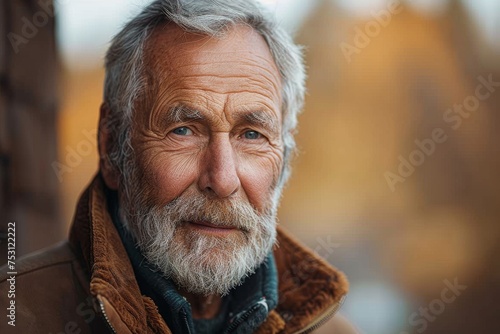 A deeply intense gaze from a mature man with a full beard against a blurry autumn background