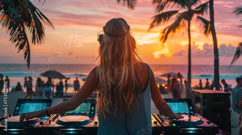Fototapeta Naklejka Na Ścianę i Meble -  beautiful dj woman playing on a mixer on a beach at a beautiful sunset in high resolution and high quality. music concept, woman, dj, beach