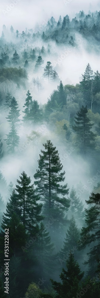 Misty Morning Panorama in the Forest Generative AI