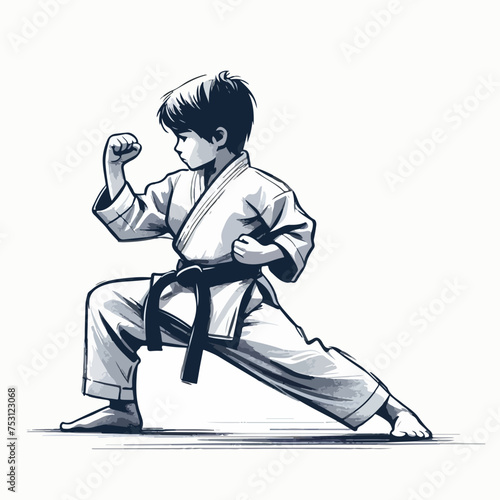 cute watercolor minimalistic illustration of karate boy training taekwondo, kid in kimono