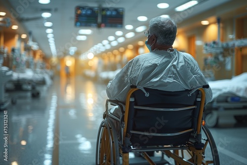 An older individual sits in a wheelchair, facing away in a hospital hallway, symbolizing care and aging