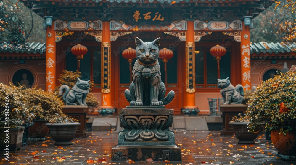 an entry to a chinese temple with a statue of a cat, in the style of japanese-inspired imagery,