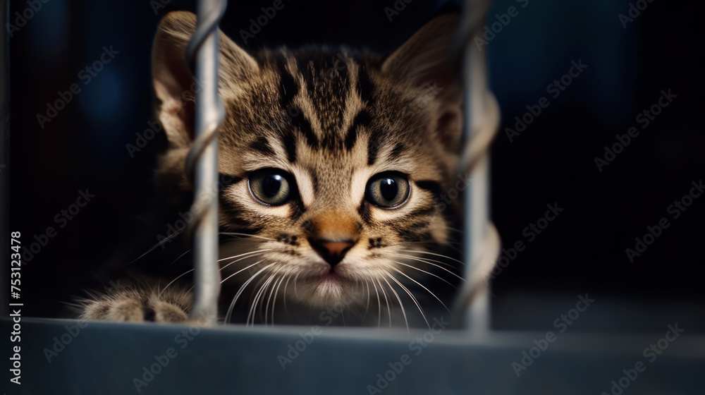 Portrait of a lonely and scared kitten trapped in a small cage