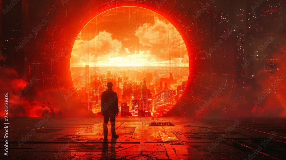Man before Futuristic City Gate Red Background Man before Futuristic City Gate Red Background