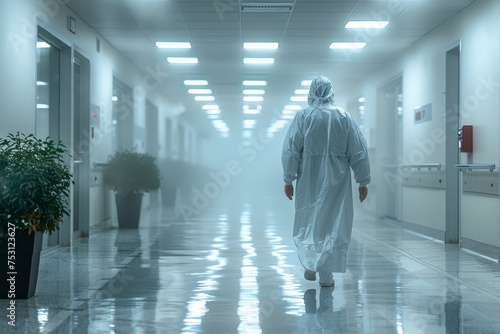 A person wearing a protective hazmat suit is seen walking alone through mist in a corridor, depicting pandemic response