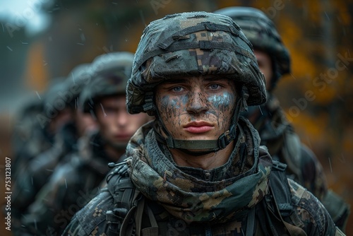 Close-up of a soldier with camouflage face paint, helmet, and serious expression as rain falls © familymedia