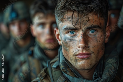 Detailed portrait of a soldier's face with deep blue eyes and dirt smeared across it photo