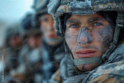 Soldier with intense blue eyes in winter gear against snowy backdrop