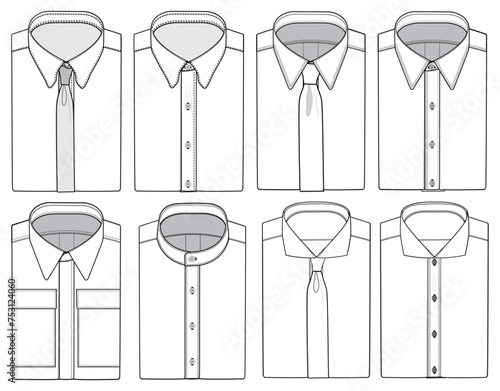 Folded formal shirt flat sketch illustration with front and back view, Band Collar, Round collar and cutaway collar shirt with French placket and hidden placket shirt cad drawing template