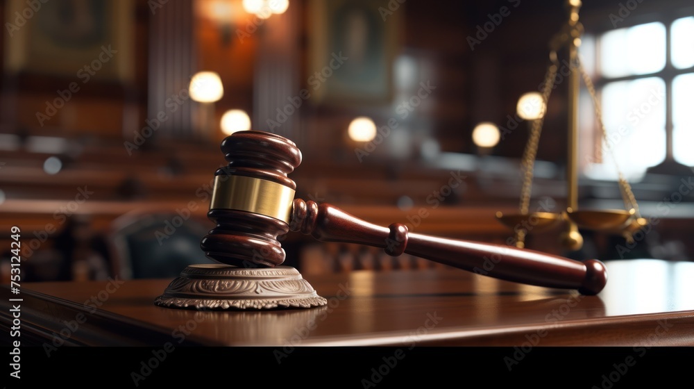 Court of Law and Justice Trial: Scales of justice and judge gavel on the table, Focus on Mallet, Hammer. closeup - obrazy, fototapety, plakaty 