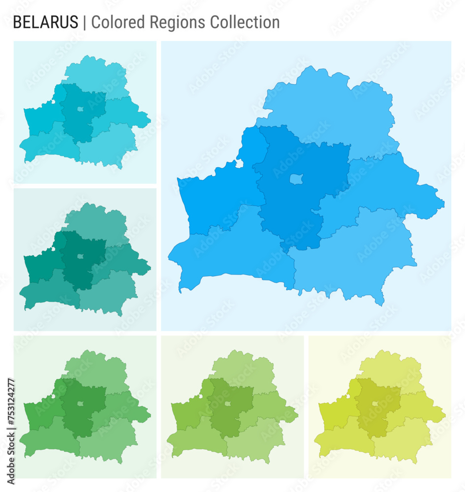 Belarus map collection. Country shape with colored regions. Light Blue, Cyan, Teal, Green, Light Green, Lime color palettes. Border of Belarus with provinces for your infographic. Vector illustration.