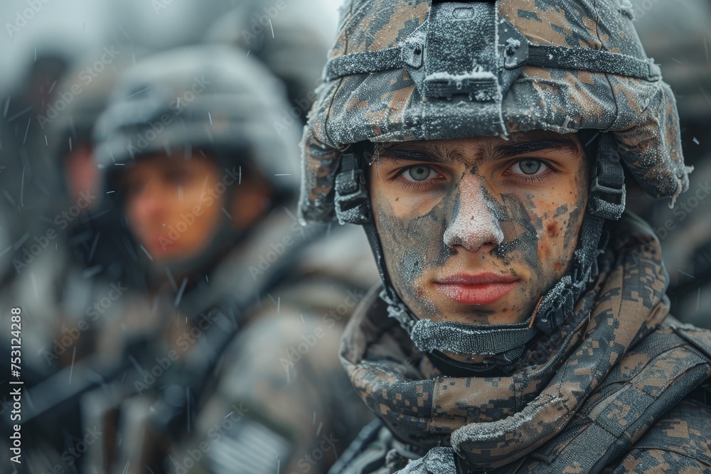A compelling shot of a young soldier enduring rainy conditions with a resolute look