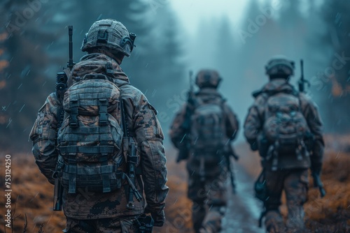 A group of soldiers in full combat gear marches through a dense misty forest, symbolizing teamwork and endurance