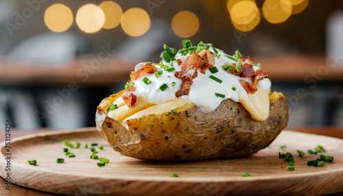 Loaded baked potato, baked potato topped with cheese, sour cream, bacon and green onion. photo