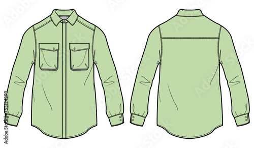 Men's Long sleeve Flannel shirt flat sketch illustration front and back view, double patch pocket long sleeve denim shirt jacket for casual wear fashion illustration template mock up