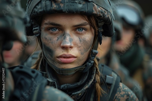 Female soldier with face paint looking intently at the camera, her vivid gaze conveying strength and seriousness