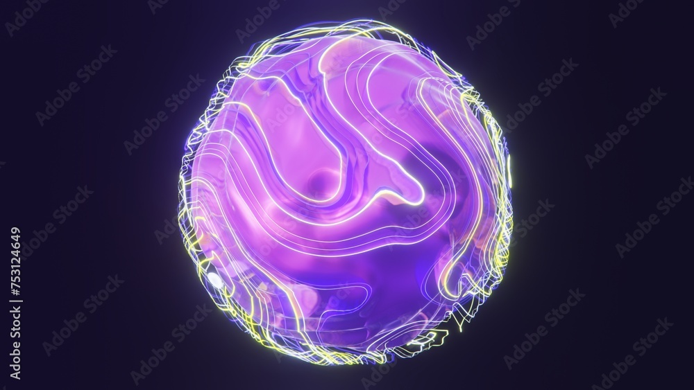 Fototapeta premium Abstract 3D fluid liquid neon purple sphere ball orb plasma futuristic glowing energy water drop magic aura 4K computer graphics rendered background wallpaper