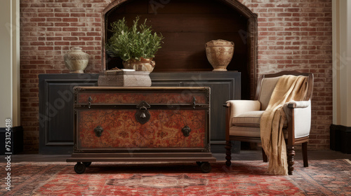 Oriental rug draped over an antique wooden chest