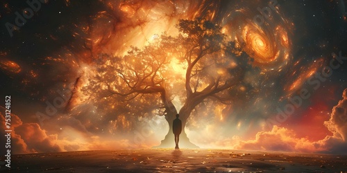 Person finding solace under a cosmic canvas beneath a towering tree. Concept Nature, Solitude, Trees, Stars, Reflection