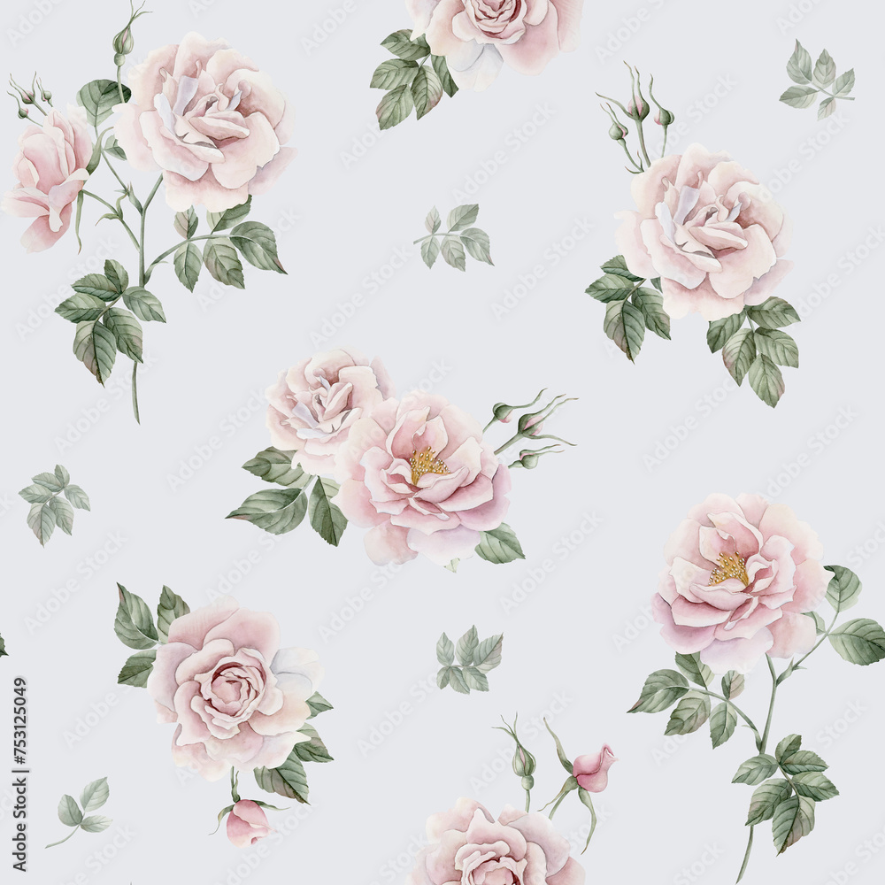 Rose hip pink flowers with buds and green leaves, Victorian style, watercolor seamless pattern on light blue background - obrazy, fototapety, plakaty 