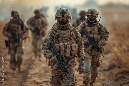 A group of soldiers in tactical gear and desert camouflage advancing in a sandy terrain