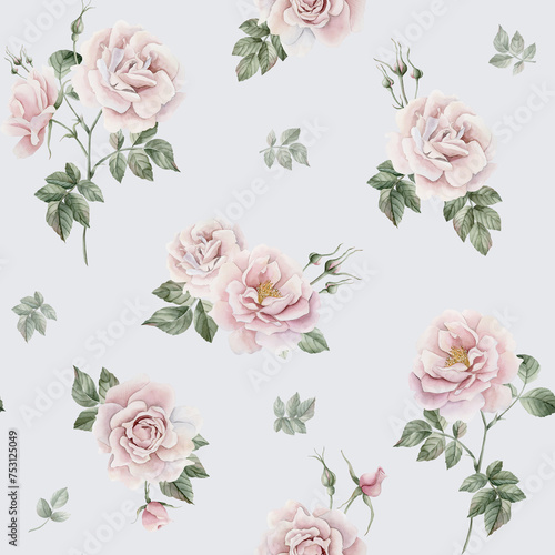 Rose hip pink flowers with buds and green leaves, Victorian style, watercolor seamless pattern on light blue background