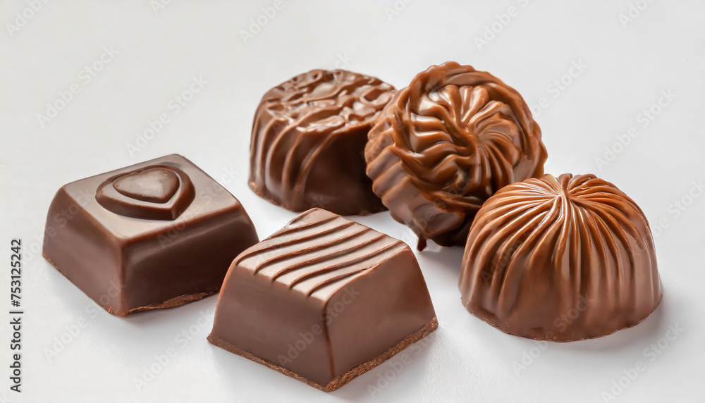 Delicious milk chocolate candies on white background. Tasty dessert Delicious milk chocolate candies on white background. Tasty dessert