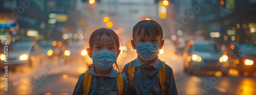 In Bangkok, two masked Thai toddlers Asian from a moderate family, in school uniform, standing together on the footpath.generative ai