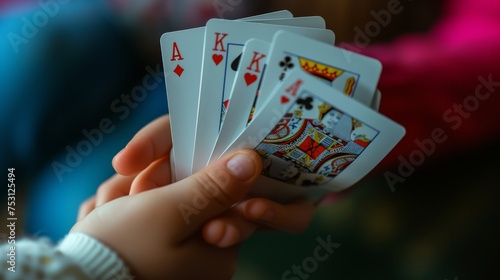 Close up of child hand holding several white playing cards, bright, design house.