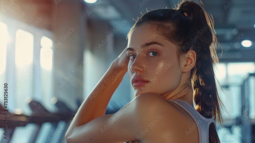 beautiful young woman in the gym with sports clothing exercising sweaty during the day with a ray of sunlight in the background entering in high resolution and quality
