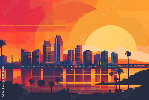 A flat gradient vector skyline illustration of San Diego., California. City in USA.