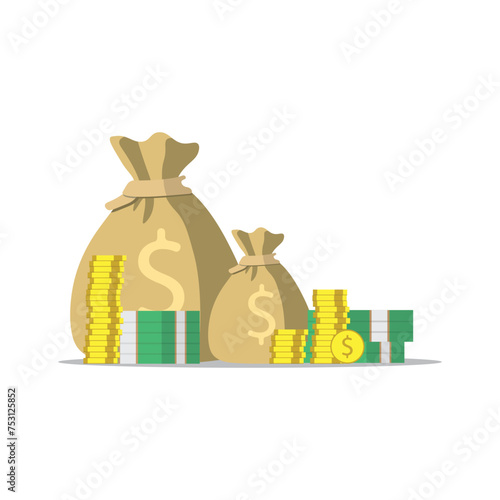 Money in bags, wads of money and many stacked coins, dollar bills, flat vector illustration.