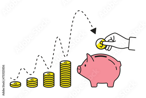 Piggy bank in the form of a pig, stacks of coins and a hand with a coin, piggy bank for coins, finance and savings concept.