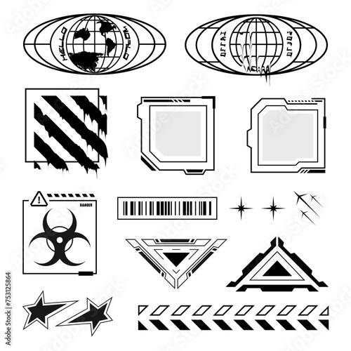 Graphic design element Futuristic Cyberpunk style globes, stripe melting, outline frame Hud