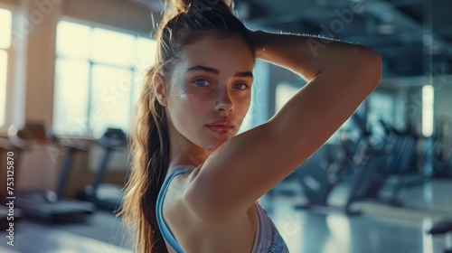 Beautiful young woman in the gym with sports clothing exercising sweaty during the day with a ray of sunlight in the background entering in high resolution and high quality. gym concept