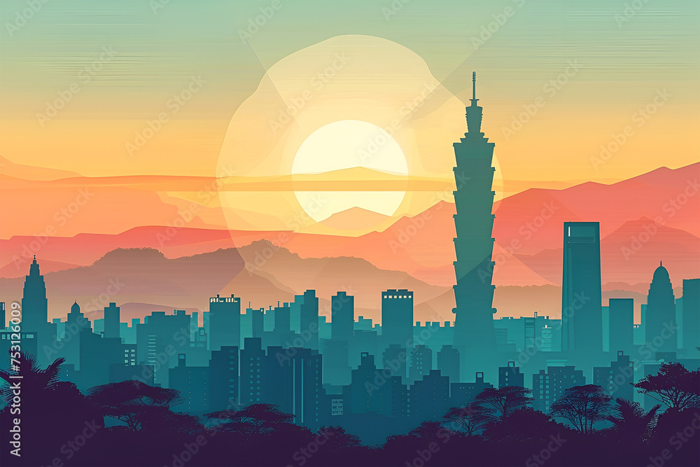 Fototapeta premium A flat vector illustration skyline of Taipei. Capital of Taiwan.