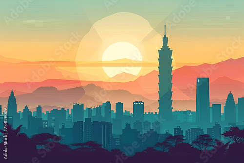 A flat vector illustration skyline of Taipei. Capital of Taiwan.