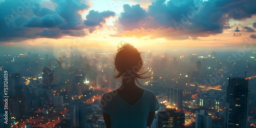 A dreamer gazes at a bustling city blending aspirations with actuality. Concept Cityscape, Dreams vs Reality, Urban Lifestyle, Aspirations, Contemplation photo