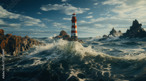 Lighthouse on the coast of the sea. Lighthouse in a stormy sea