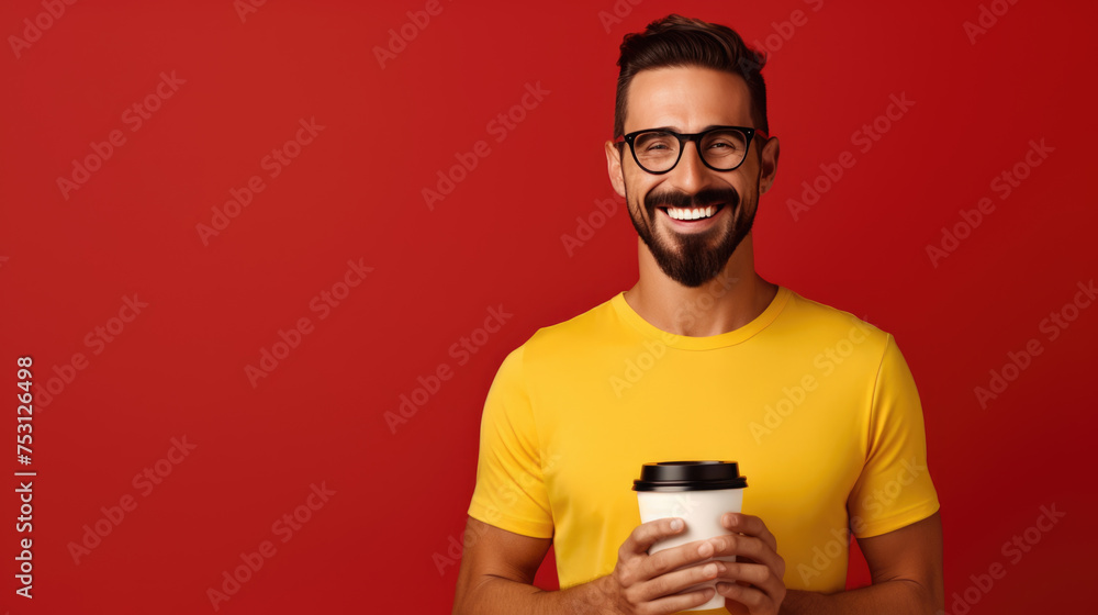 Cheerful man with a beard and eyeglasses, holding a to go coffee cup, with a joyful expression against a vibrant red background. Cheerful man with a beard and eyeglasses, holding a to go coffee cup, with a joyful expression against a vibrant red background.