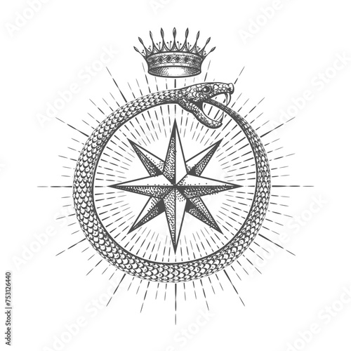 Ouroboros Snake Eat Their Tails with Crown Wind Rose Esoteric Tattoo