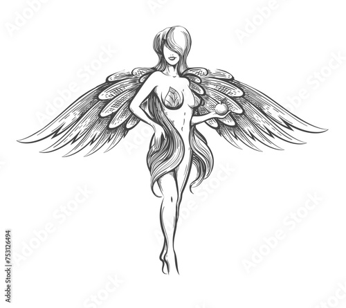 Woman with Wings Holding Apple Tattoo photo