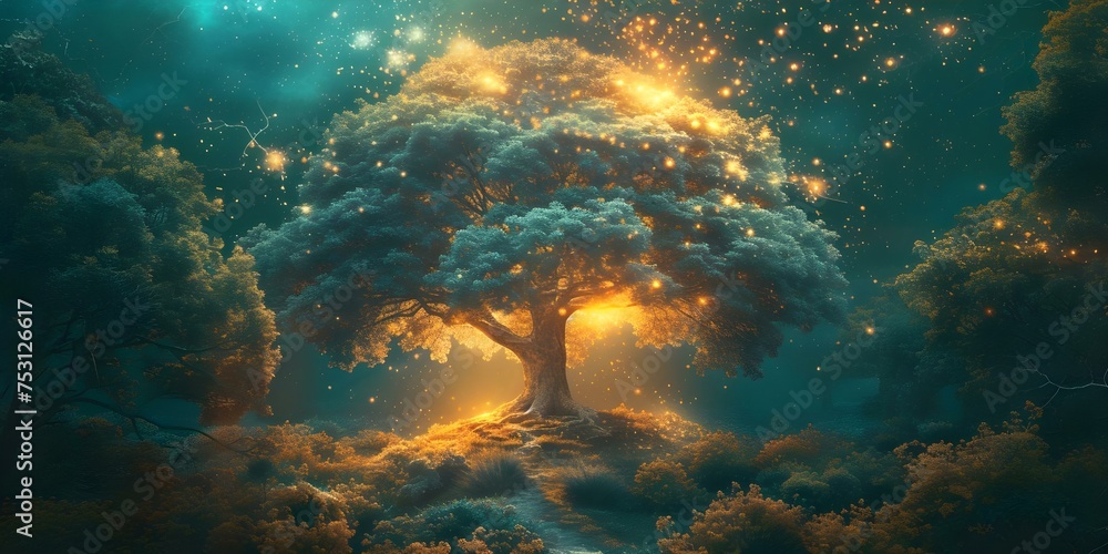Embracing the Magic: Vibrant Night Sky and Glowing Tree in Pursuit of Dreams. Concept Night Sky Photography, Tree Silhouettes, Dreamlike Imagery, Magical Atmosphere, Pursuing Dreams