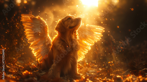 Golden Retriever with Angel Wings. Generative AI. photo