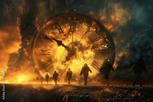 Apocalyptic clock engulfed in flames under stormy sky - A dramatic representation of a large clock engulfed in flames with figures walking towards it under a tumultuous sky