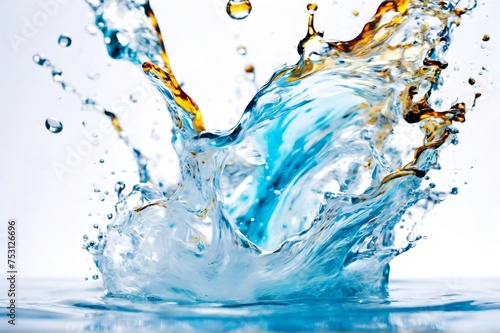 Blue water splash isolated on white background for drink advertising, Splashing of fresh clean water close up macro. Cold iced watery natural water from nature source. photo